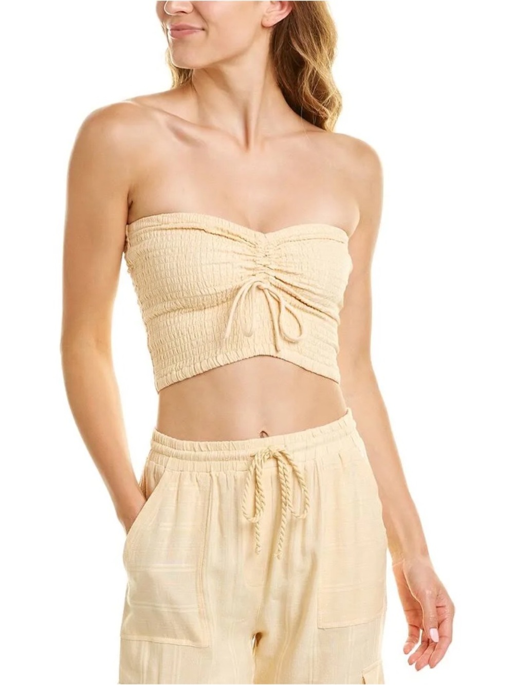 L*SPACE Cream/Yellow Tahiti Linen Blend Smocked Bandeau Top size Small EUC